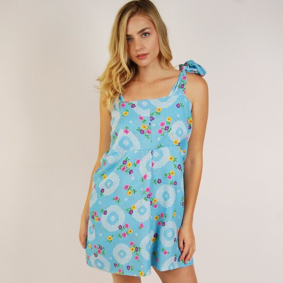 70s Floral Mini Dress (L) blue sundress adjustable large vintage sun tie mod 60s - Picture 1 of 7